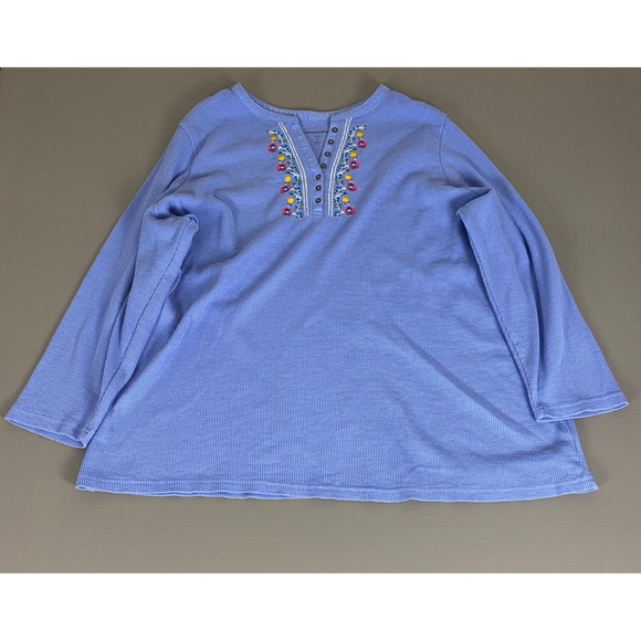 Woman Within Waffle Knit Henley Top 4X Periwinkle Blue‎ Floral Embroidered - Picture 1 of 11